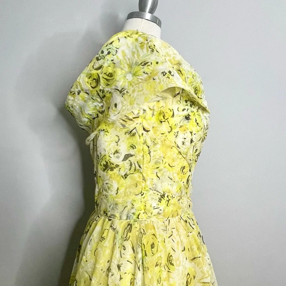 EMMA DOMB Vintage 1950’s Floral Print Off Shoulder Chiffon Gown Maxi Dress - Picture 4 of 11
